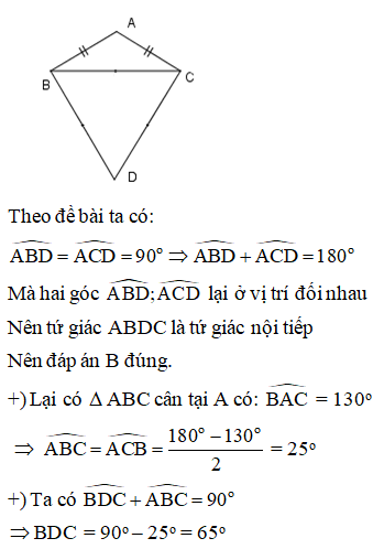 Cho tam giác ABC cân tại A có góc BAC = 130 độ. Trên nửa mặt phẳng bờ BC không chứa đỉnh A (ảnh 1)