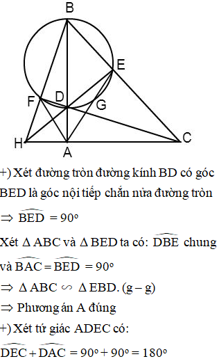 Cho tam giác ABC vuông tại A và điểm D nằm giữa A và B. Đường tròn đường kính BD cắt BC tại E (ảnh 1)