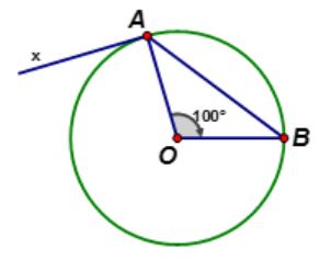Tìm số đo góc xAB trong hình vẽ biết góc AOB = 100 độ và Ax là tiếp tuyến của đường tròn (O) tại A (ảnh 1)