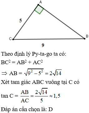 Cho tam giác ABC vuông tại A có BC = 9cm; AC = 5cm Tính tỉ số lượng giác tan C ( (ảnh 1)