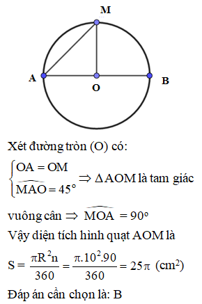 Cho đường tròn (O;10cm), đường kính AB. Điểm M thuộc (O) sao cho góc BAM= 45 độ (ảnh 1)