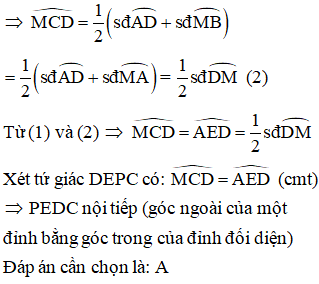 Cho tứ giác ABCD nội tiếp (O). M là điểm chính giữa cung AB. Nối M với D, M với C cắt AB (ảnh 2)