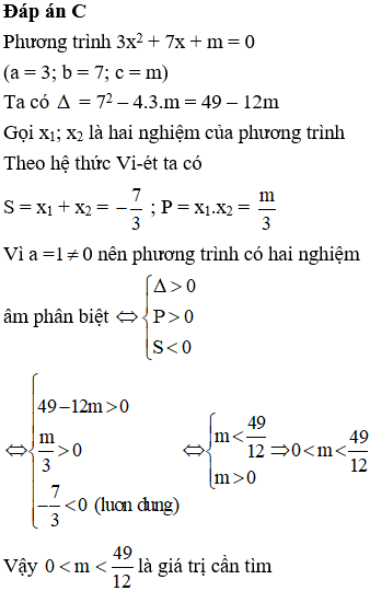 Cho phương trình 3x^2 + 7x + m = 0. Tìm m để phương trình có hai nghiệm phân biệt cùng âm (ảnh 1)