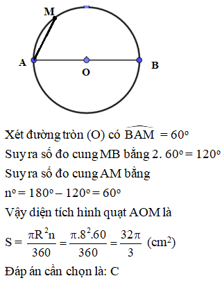 Cho đường tròn (O; 8cm), đường kính AB. Điểm M thuộc (O) sao cho góc BAM= 60 độ (ảnh 1)