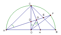 Cho nửa đường tròn tâm (O), đường kính AB = 2R. Đường thẳng qua O và vuông góc AB cắt cung AB tại C (ảnh 1)