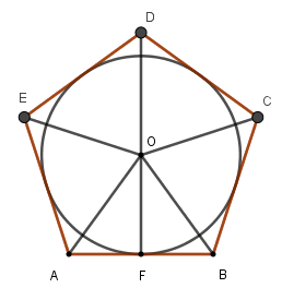 Tính cạnh của một ngũ giác đều ngoại tiếp đường tròn bán kính 4cm(làm tròn đến chữ số thập phân tứ nhất). (ảnh 1)