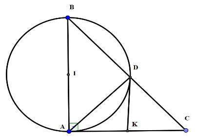Cho tam giác ABC vuông tại A, cạnh AB = 5cm, góc B = 60 độ Đường tròn tâm I, đường kính AB cắt BC ở D (ảnh 1)