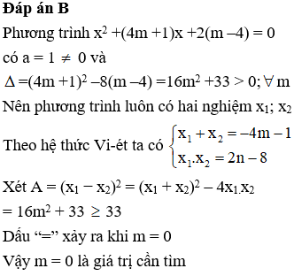 Tìm giá trị của m để phương trình x^2 + (4m + 1)x + 2(m – 4) = 0 có hai nghiệm x1 x2 và biểu thức A = (ảnh 1)