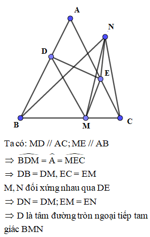 Cho tam giác ABC cân tại A, M là điểm trên cạnh đáy BC. Qua M kẻ các đường thẳng song song (ảnh 1)