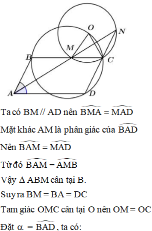 Tia phân giác góc BAD của hình bình hành ABCD cắt các đường thẳng BC và DC lần lượt tại hai điểm M và N. (ảnh 1)