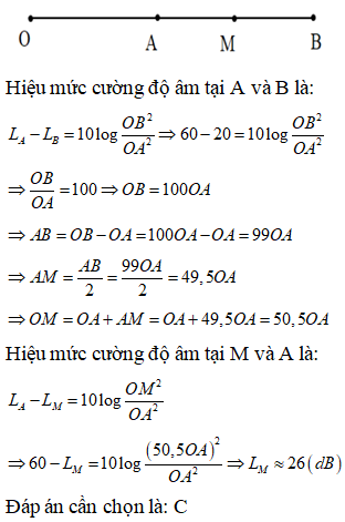 Ba điểm O, A, B cùng nằm trên một đường thẳng xuất phát từ O. Tại O đặt một nguồn điểm phát sóng âm đẳng (ảnh 1)