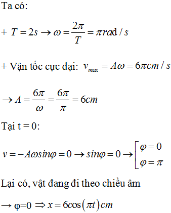 Một vật dao động điều hòa có chu dao động T = 2s, vận tốc cực đại mà vật đạt được có giá trị V max= 6pi cm/ s . Biết (ảnh 1)
