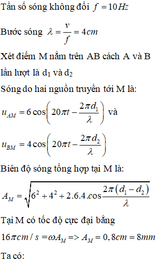 Hai nguồn phát sóng kết hợp A, B trên mặt thoáng của một chất lỏng dao động theo phương trình uA= 6cos( 20 omega.t) (ảnh 1)
