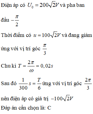 Tại thời điểm t, điện áp u = 220 căn bậc hai của 2 cos (100pi t- pi/ 2) (trong đó u tính bằng V, t tính bằng s) có giá trị bằng 100 căn A (ảnh 1)