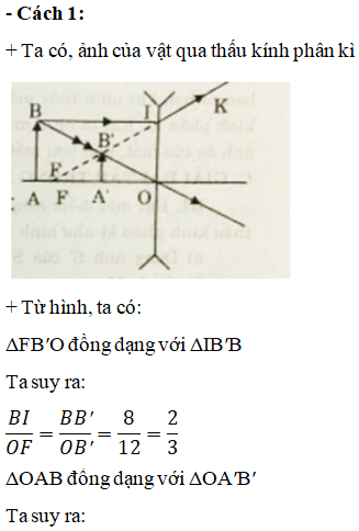 Đặt vật AB trước một thấu kính phân kì có tiêu cự f = 12cm. Vật AB cách thấu kính một khoảng d = 8cm, A nằm (ảnh 1)