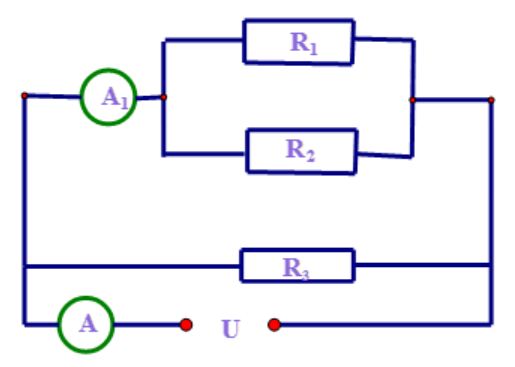 Một đoạn mạch gồm ba điện trở R1 = 9, R2 = 18 và R3 = 24 được mắc vào hiệu điện thế U = 3,6V Số chỉ của ampe kế A và A1 là (ảnh 1)