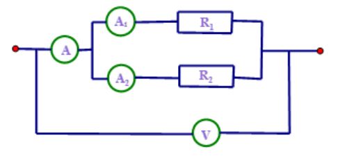 Cho mạch điện có sơ đồ như hình bên trong đó điện trở R1 = 18, R2 = 12 Ôm. Vôn kế chỉ 36VSố chỉ của ampe kế A1 là (ảnh 1)