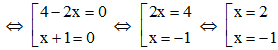 Phương trình: (4 - 2x)(x + 1) = 0 có nghiệm là A. x = 1; x = 2  B. x=-2; x=1 (ảnh 1)