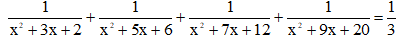 Cho phương trình  1/ x^2+3x+2+ 1/ x^2+5x+6 Tổng bình phương các nghiệm của phương trình trên là (ảnh 1)