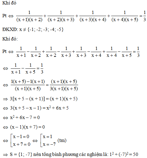 Cho phương trình  1/ x^2+3x+2+ 1/ x^2+5x+6 Tổng bình phương các nghiệm của phương trình trên là (ảnh 2)