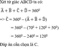 Cho tứ giác ABCD, có góc A = 70 độ , góc B  = 120 độ, góc D  = 50 độ, số đo góc C là (ảnh 1)