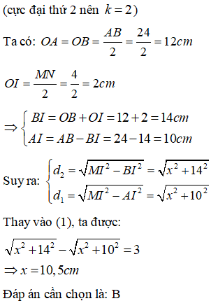 Ở mặt chất lỏng có hai nguồn sóng A, B cách nhau 24 cm, dao động theo phương thẳng đứng với phương trình là uA= uB (ảnh 2)