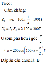 Trong mạch chỉ có cuộn cảm thuần, L = 1/pi H, biểu thức dòng điện trong mạch có dạng i= 2 cos( 100pi.t) . Tính cảm (ảnh 1)