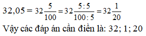 Điền đáp án đúng vào ô trống Viết số thập phân sau thành hỗn số có phần n số tối giản:  32, 05 (ảnh 1)