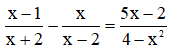 Số nghiệm của phương trình x-1/x+2-x/x-2=5x-2/4-x^2  là Vô số nghiệm x khác ±2 (ảnh 1)
