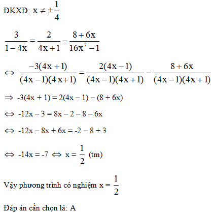 Phương trình  3/1-4x=2/4x+1-8+6x/16x^2-1 có nghiệm là x=1/2 x=2 x=3 (ảnh 2)