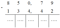 850, 79- 134, 42  Thực hiện phép trừ như trừ các số tự nhiên Viết dấu phẩy ở hiệu thẳng cột với dấu phẩy ở số bị trừ và số trừ. (ảnh 1)