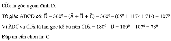 Cho tứ giác ABCD có góc A = 65 độ; góc B = 117 độ; góc C = 71 độ. Số đo góc ngoài (ảnh 3)