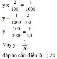 Điền đáp án đúng vào ô trống Tìm y biết: y x 2/100 = 1/1000 (y là phân số tối giản (ảnh 1)