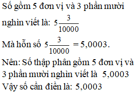 Điền đáp án đúng vào ô trống  Số thập phân gồm 5 đơn vị và 3 phần mười nghìn viết là … (ảnh 1)