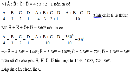 Cho tứ giác ABCD biết số đo của các góc A ; B ; C ; D  tỉ lệ thuận với (ảnh 2)