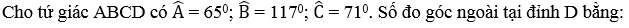 Cho tứ giác ABCD có góc A = 65 độ; góc B = 117 độ; góc C = 71 độ. Số đo góc ngoài (ảnh 1)