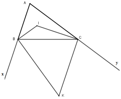 Tam giác ABC có góc A = 60 độ, các tia phân giác của góc B và C cắt nhau tại I (ảnh 2)