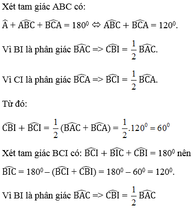 Tam giác ABC có góc A = 60 độ, các tia phân giác của góc B và C cắt nhau tại I (ảnh 3)
