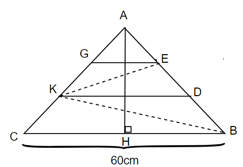   Cho tam giác ABC có BC = 60cm, đường cao AH = 30cm. Trên AB lấy điểm E và D sao cho AE = ED = DB. (ảnh 1)