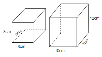Cho hình lập phương và hình hộp chữ nhật có số đo như hình vẽ. Hỏi thể tích của hình lập phương bé hơn thể tích (ảnh 1)