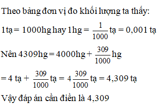 Điền đáp án đúng vào ô trống:  Viết số thập phân (gọn nhất) thích hợp vào vào ô trống sau:  4309 hg = … tạ (ảnh 1)