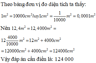 Điền đáp án đúng vào ô trống: Viết số thích hợp vào ô trống sau 12, 4 m^2=.. cm^2 (ảnh 1)