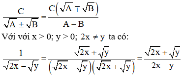 Chọn đáp án đúng 1/(căn bậc hai của (2x) - căn bậc hai của y) (với x > 0 y > 0; ). Điền vào chỗ chấm. (ảnh 1)