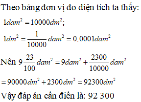 Điền đáp án đúng vào ô trống: Viết số thích hợp vào ô trống sau 9 23/ 100 dam^2=... dm^2 (ảnh 1)