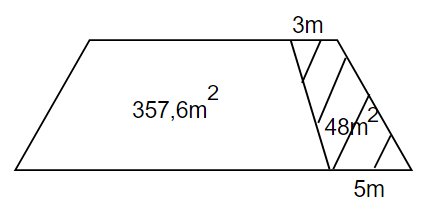  Một mảnh đất hình thang có diện tích là 357,6m^2. Sau khi mở rộng đáy nhỏ 3m, đáy lớn 5m thì diện tích tăng thêm (ảnh 1)