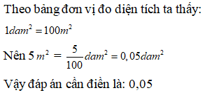 Viết số đo diện tích sau dưới dạng số thập phân (gọn nhất).  5m^2 = … dam^2 (ảnh 1)