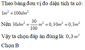  Viết số đo sau dưới dạng số đo có đơn vị là mét vuông:  30 dm^2 = ? A. 0,03m^2  B. 0,3m^2 (ảnh 1)
