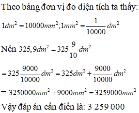 Điền đáp án đúng vào ô trống: Viết số thích hợp vào ô trống sau: 325,9dm^2 = … mm^2 (ảnh 1)