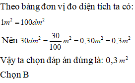  Viết số đo sau dưới dạng số đo có đơn vị là mét vuông:  30 dm^2  = ?A. 0,03m^2 B. 0,3m^2 (ảnh 1)