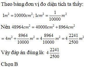  Viết số đo sau dưới dạng hỗn số có phần phân số tối giản.  48964cm^2  = ? m^2 (ảnh 1)
